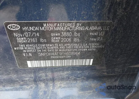 2015 Hyundai Elantra Se from USA, damaged, VIN 5NPDH4AE9FH608963